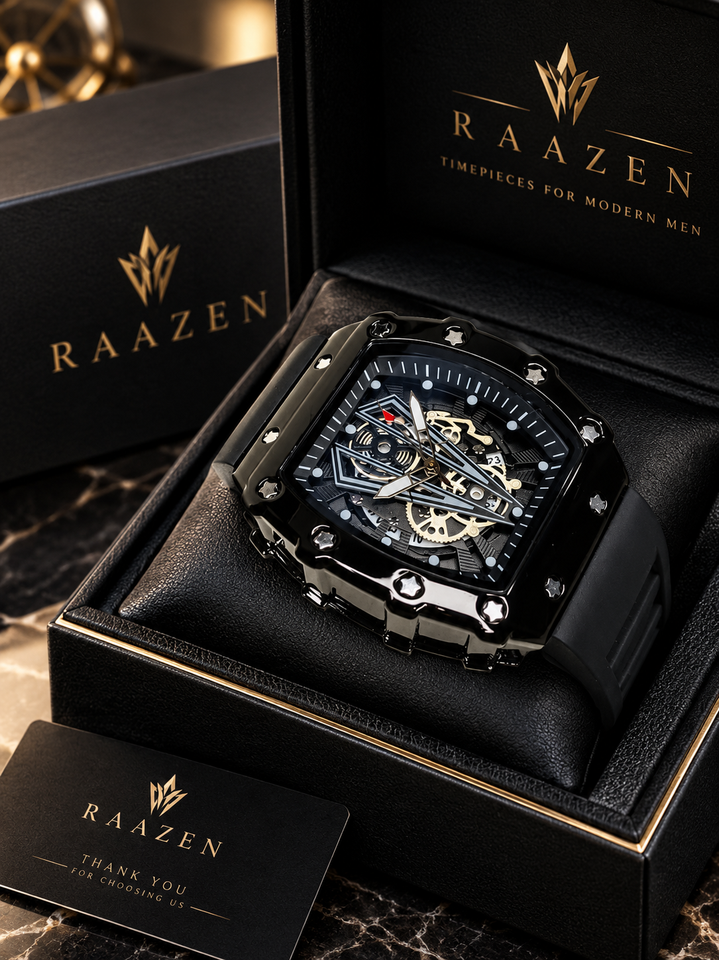 Richard Black Belt Skeleton Watch Black Rubber Strap