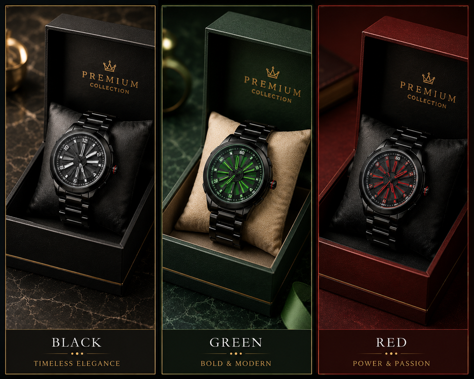 Premium Men's Fashion Watch | Black, Green & Red Dial