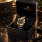 Men’s Square Watch – Stainless Steel Gold Plated Case, Black Dial