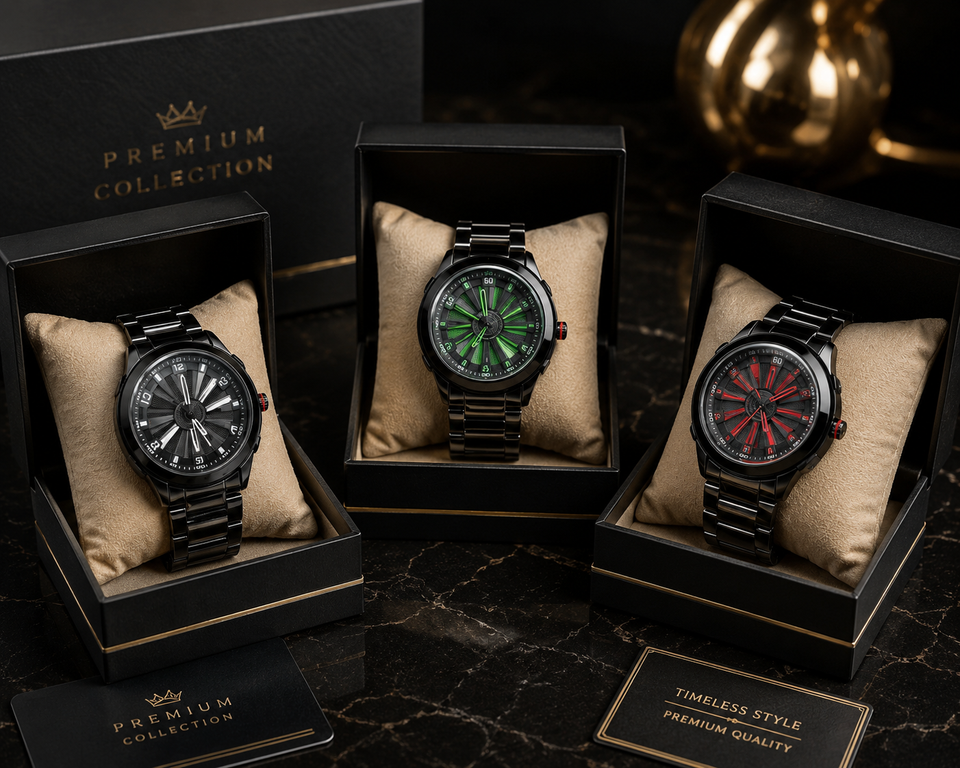 Premium Men's Fashion Watch | Black, Green & Red Dial
