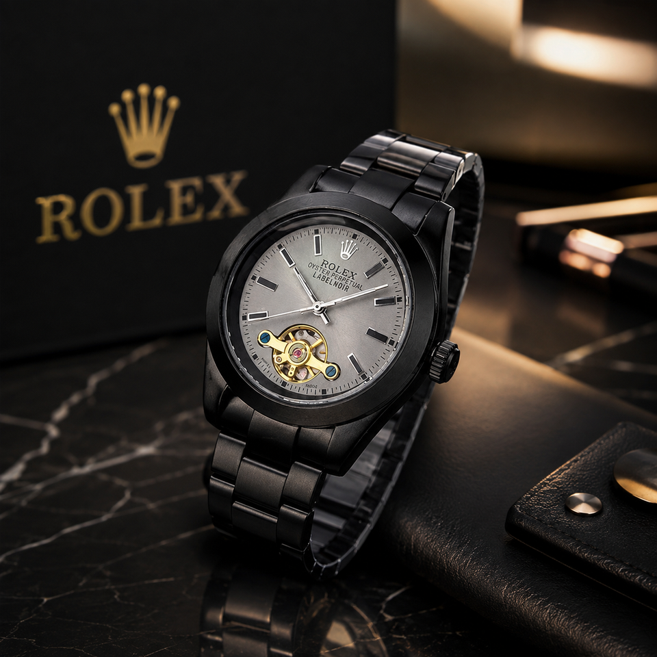 Men's Black & White Matte Steel Luxury Watch with Open Heart Window