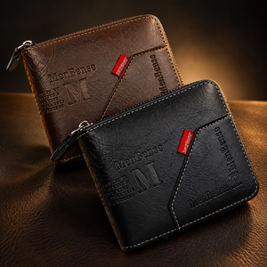 Men's Zipper Wallet Brown Black Leather M Logo