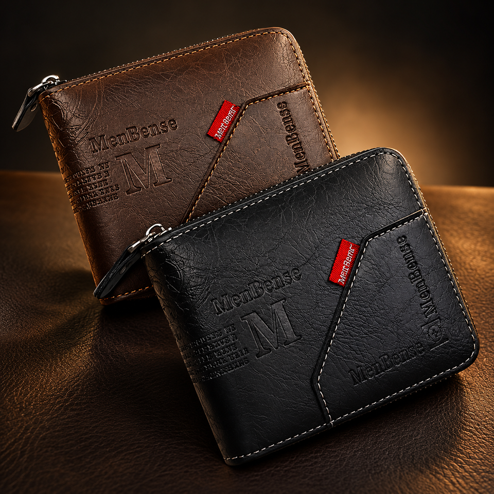 Men's Zipper Wallet Brown Black Leather M Logo