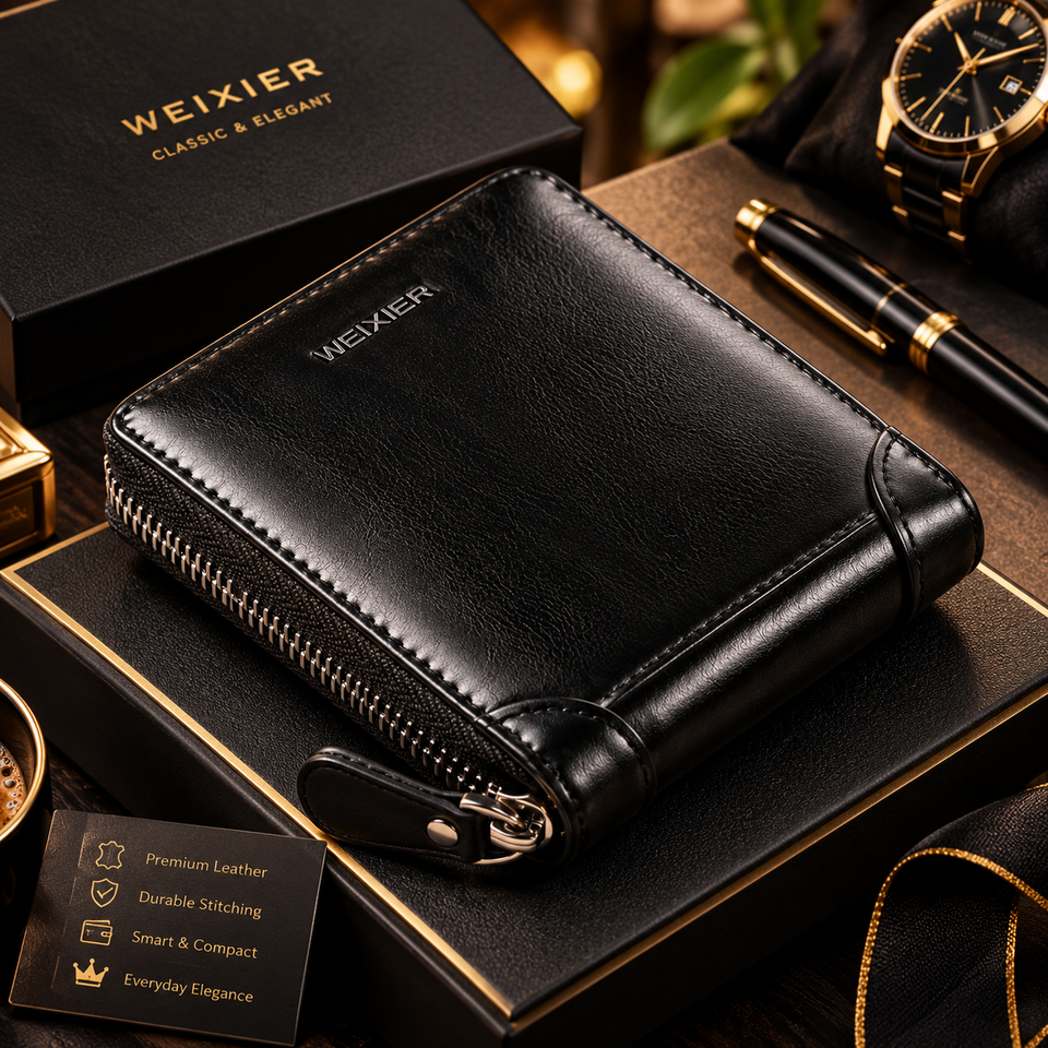 Black Leather Wallet for Men with Zipper Closure