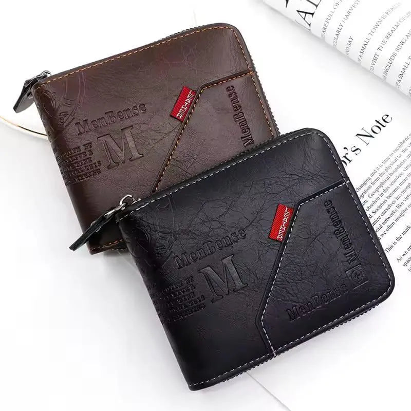 Men's Zipper Wallet Brown Black Leather M Logo