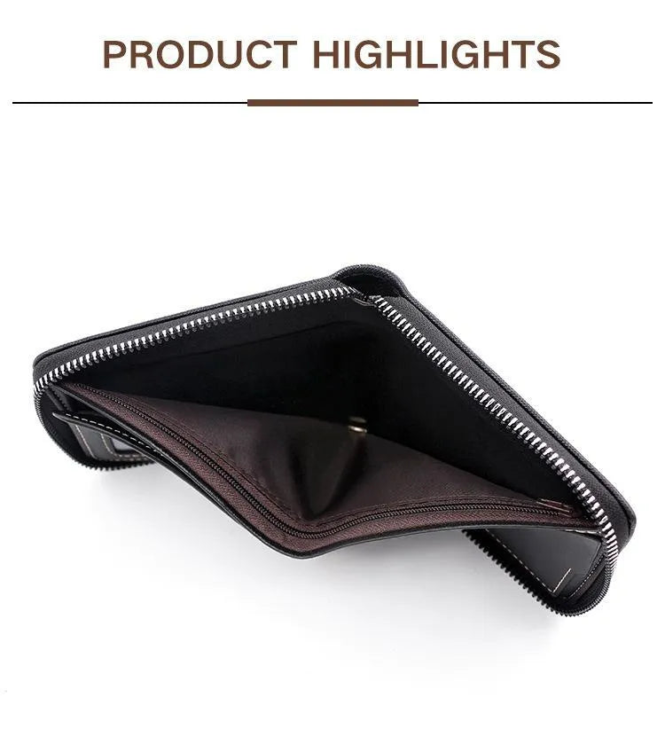 Men's Zipper Wallet Brown Black Leather M Logo
