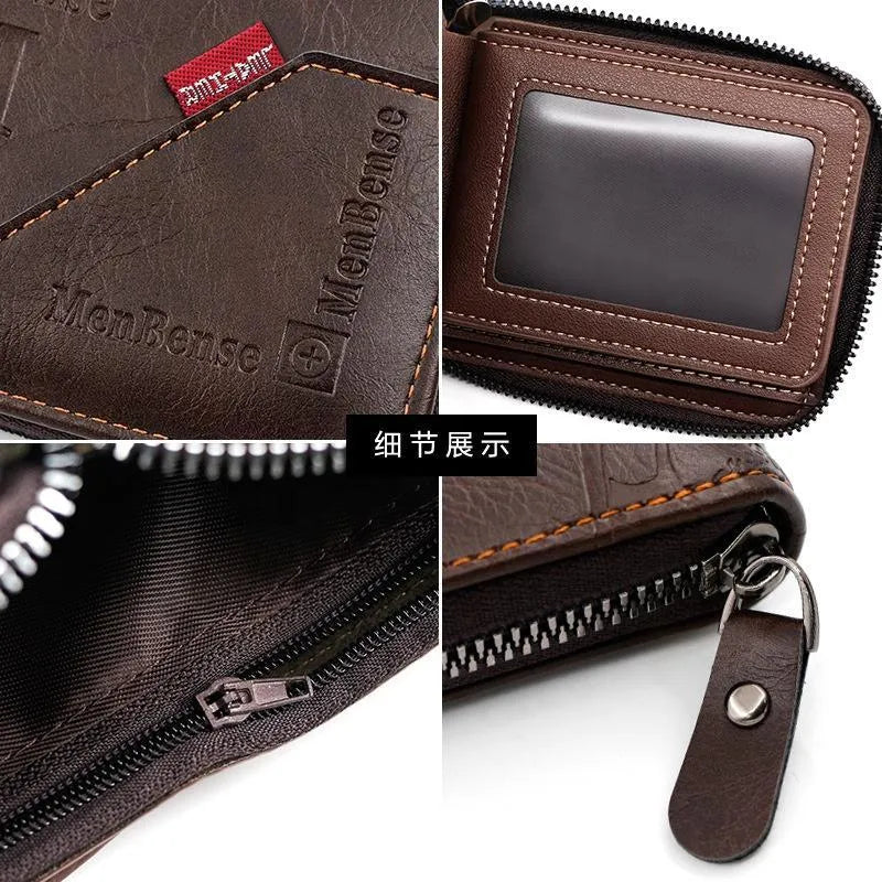 Men's Zipper Wallet Brown Black Leather M Logo