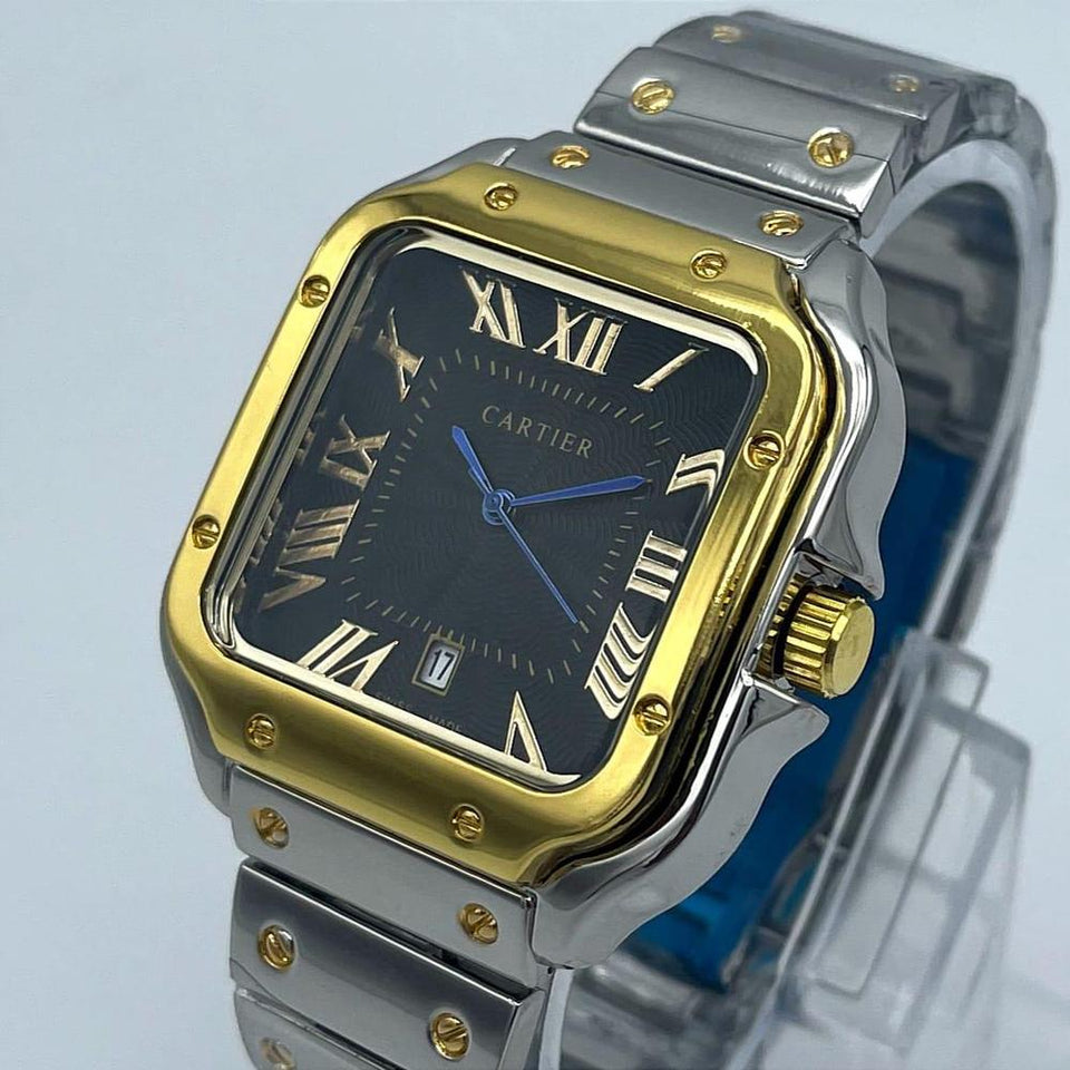 Men’s Square Watch – Stainless Steel Gold Plated Case, Black Dial
