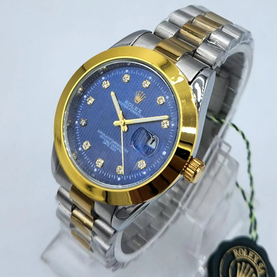 Electric Blue Diamond Watch for Men with Gold Bezel & Silver Bracelet
