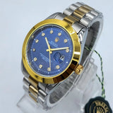 Electric Blue Diamond Watch for Men with Gold Bezel & Silver Bracelet