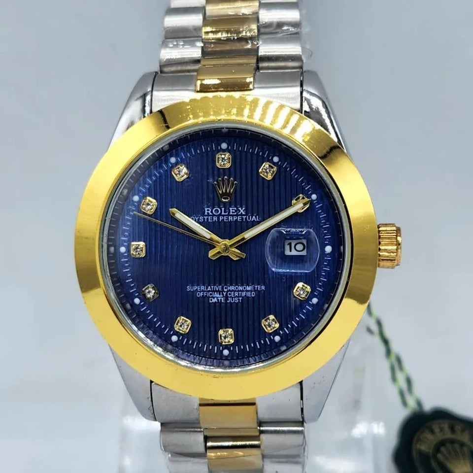 Electric Blue Diamond Watch for Men with Gold Bezel & Silver Bracelet