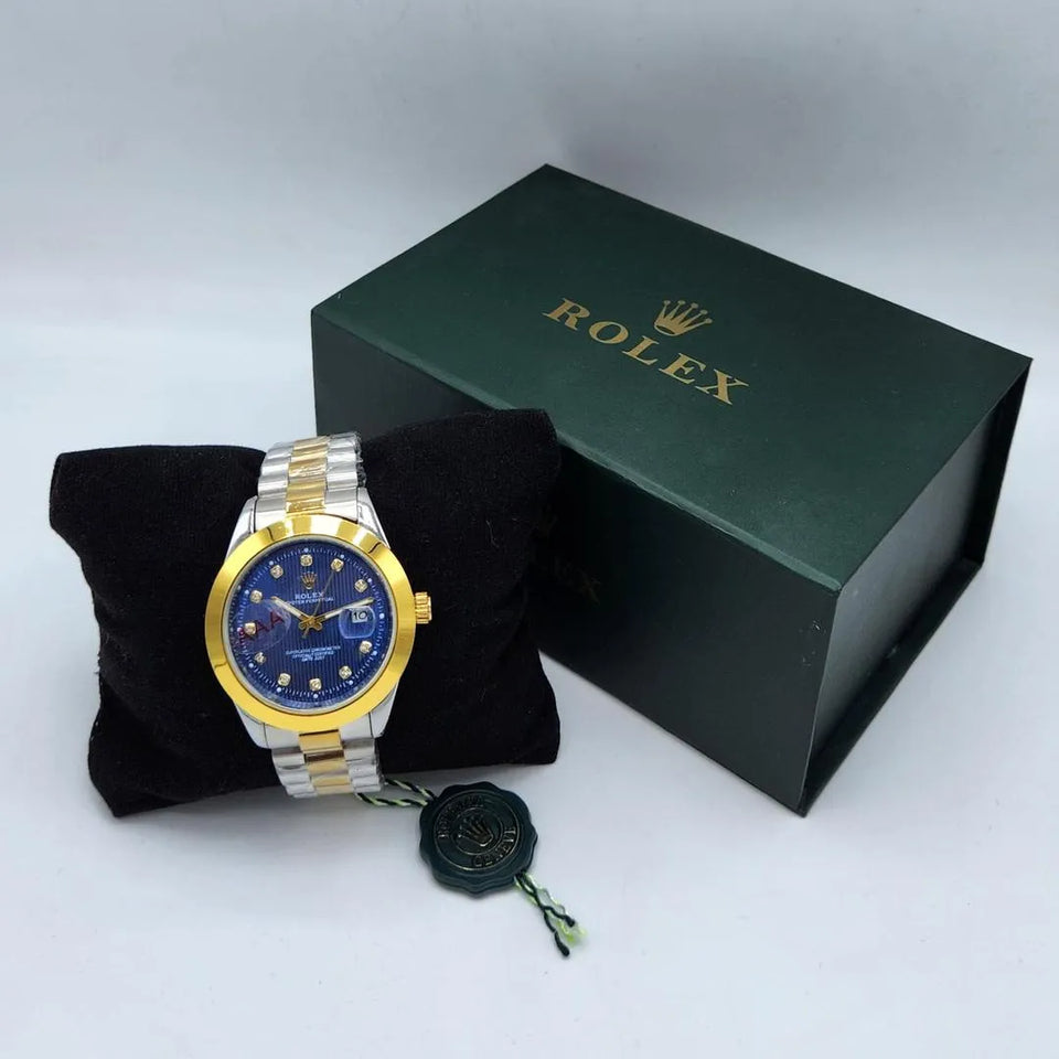 Electric Blue Diamond Watch for Men with Gold Bezel & Silver Bracelet