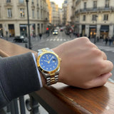 Electric Blue Diamond Watch for Men with Gold Bezel & Silver Bracelet
