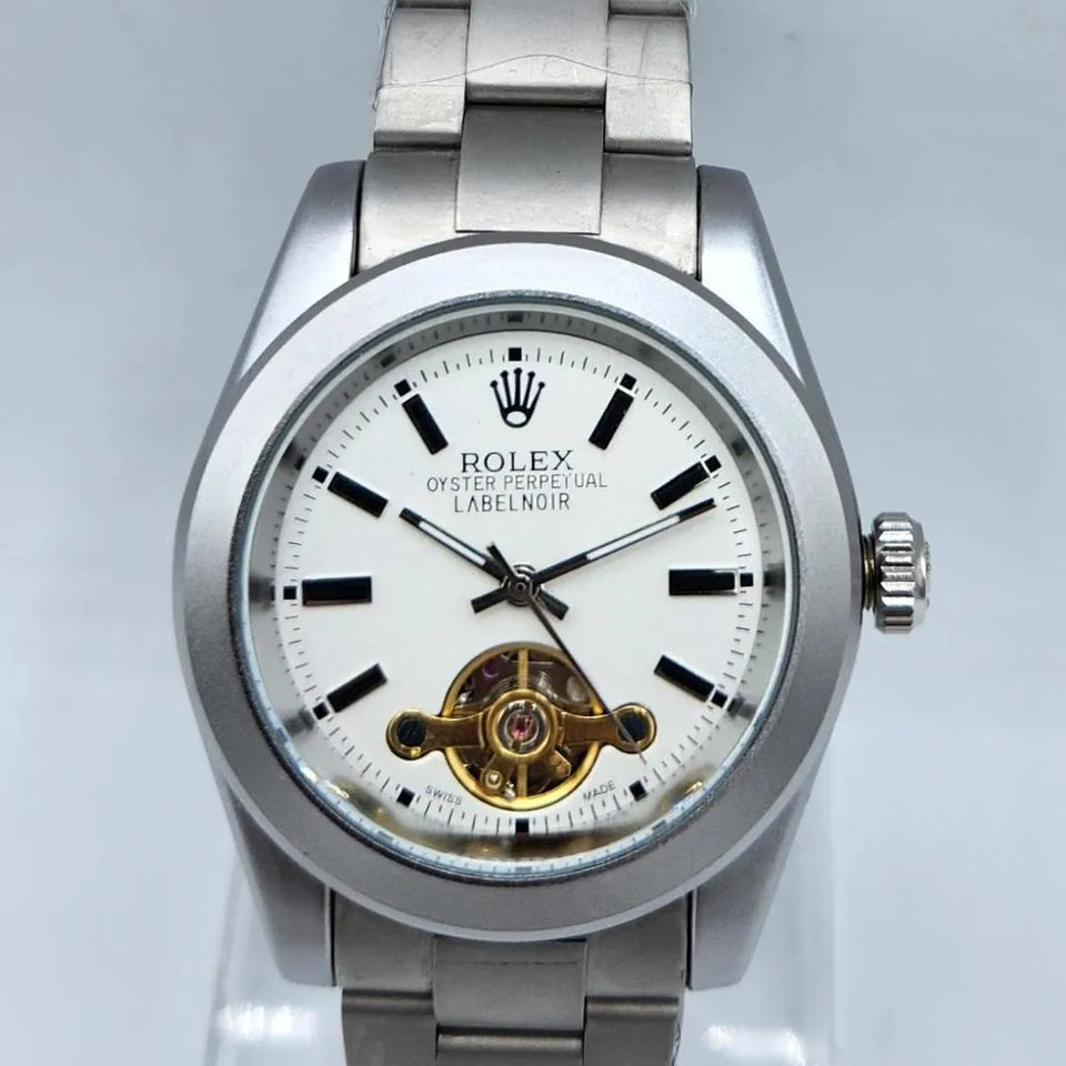 Men's Black & White Matte Steel Luxury Watch with Open Heart Window